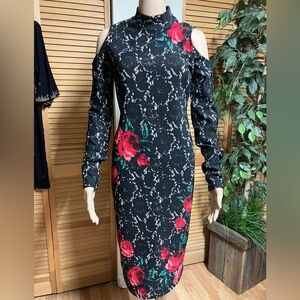BOLD Elements Black and Red Floral Long Sleeve Dress